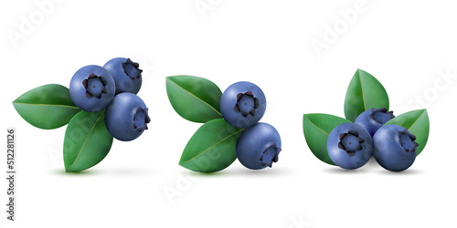 Blueberry set, lying heaps of berries with leaves