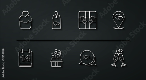 Set line Wedding cake, Calendar with February 14, Location heart, Speech bubble text I love you, Gift box hearts, Please do not disturb, Glass of champagne and icon. Vector