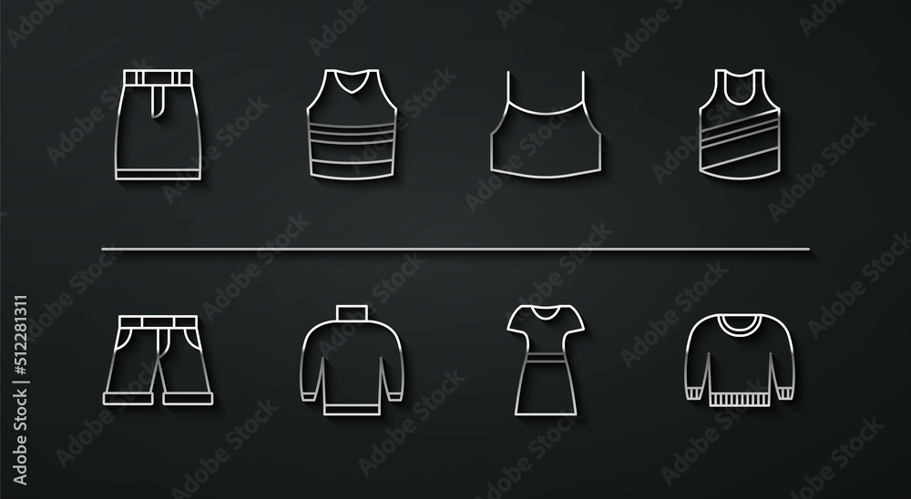 Set line Skirt, Short or pants, Undershirt, Woman dress, Sweater, and Female crop top icon. Vector Set line Skirt, Short or pants, Undershirt, Woman dress, Sweater, and Female crop top icon. Vector