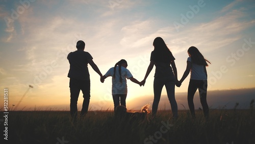 people in the park. silhouette of a big happy family on a walk with a dog at sunset in a field in nature. happy family kid dream concept. big friendly family walks at sunset in the park lifestyle