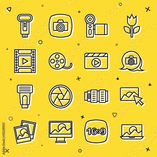 Set line Photo retouching, camera, Cinema, Film reel, Camera film roll cartridge, flash and Movie clapper icon. Vector