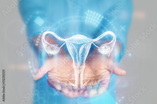 Medical concept, doctor's hands in a blue coat close-up. Ultrasound of the uterus, x-ray, hologram. Medical care, woman anatomy, doctor's appointment, reproductive system. mixed media. photo