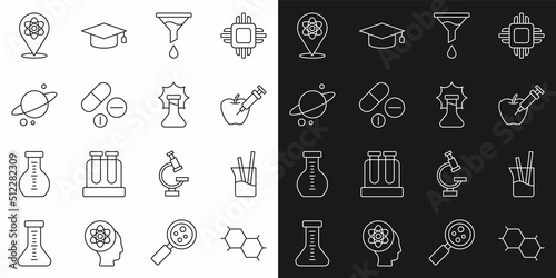 Set line Chemical formula, Laboratory glassware, Genetically modified apple, Funnel filter, Medicine pill tablet, Planet Saturn, Atom and Explosion the flask icon. Vector