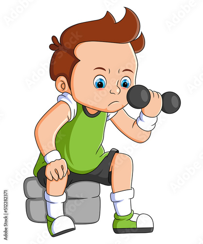 The focus man is lifting a small barbell while sitting