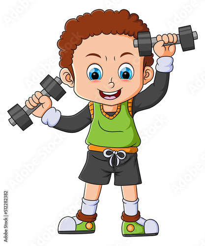 The curly boy with small body is lifting two barbell and happy
