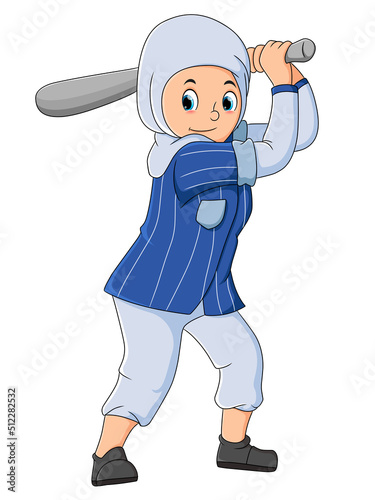 The hijab girl is playing baseball and going to hit the ball