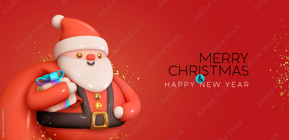 Merry Christmas and Happy New Year. Realistic 3d cartoon Santa Claus with  funny smile, with red bag of gifts. Xmas Holiday background. Greeting card,  banner, web poster. Vector illustration Stock Vector |