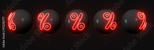 Balloons of set realistic 3d design. Stylish black ballons with neon symbol percent discounts isolated on dark background. Vector illustration