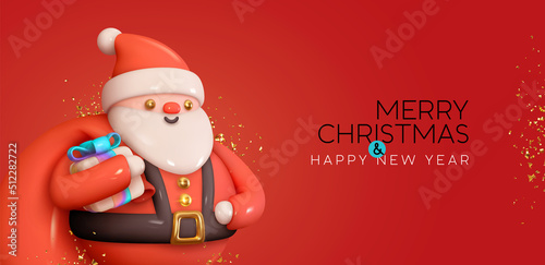 Merry Christmas and Happy New Year. Realistic 3d cartoon Santa Claus with funny smile, with red bag of gifts. Xmas Holiday background. Greeting card, banner, web poster. Vector illustration