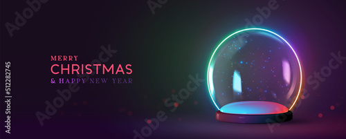 Christmas glowing glass winter snow balls in neon light. Realistic 3d design magical sphere transparent. Holiday decoration objects. Template podium studio. Xmas background. Vector illustration