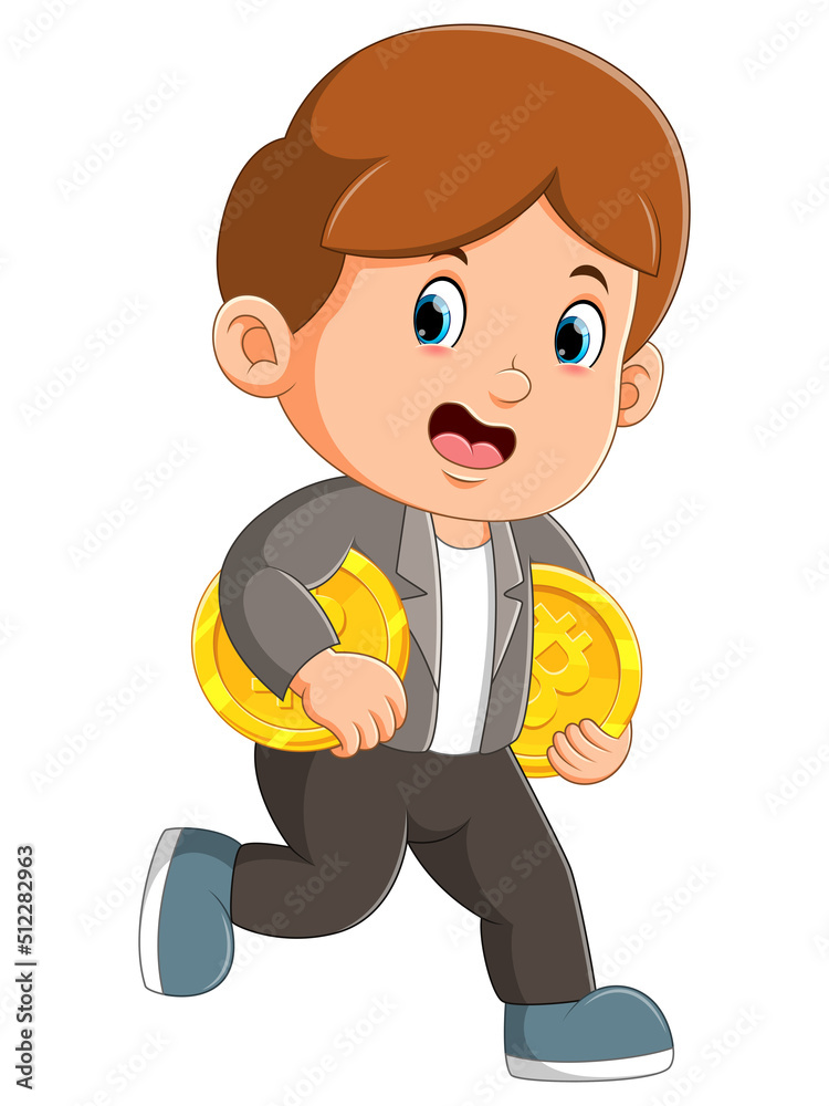The boy is running quickly while holding two bitcoins The boy is running quickly while holding two bitcoins