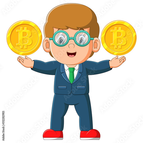 The office boy is very happy to have two big bitcoin on his hand