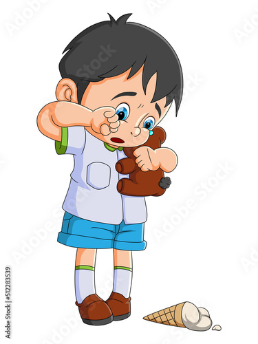 The boy is crying because of the ice cream fall