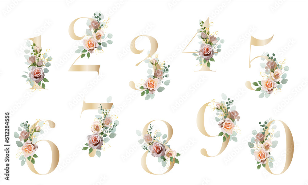 Floral Number. Set digits with a botanical bouquet. Vector illustration.