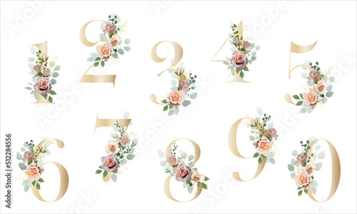 Floral Number. Set digits with a botanical bouquet. Vector illustration.