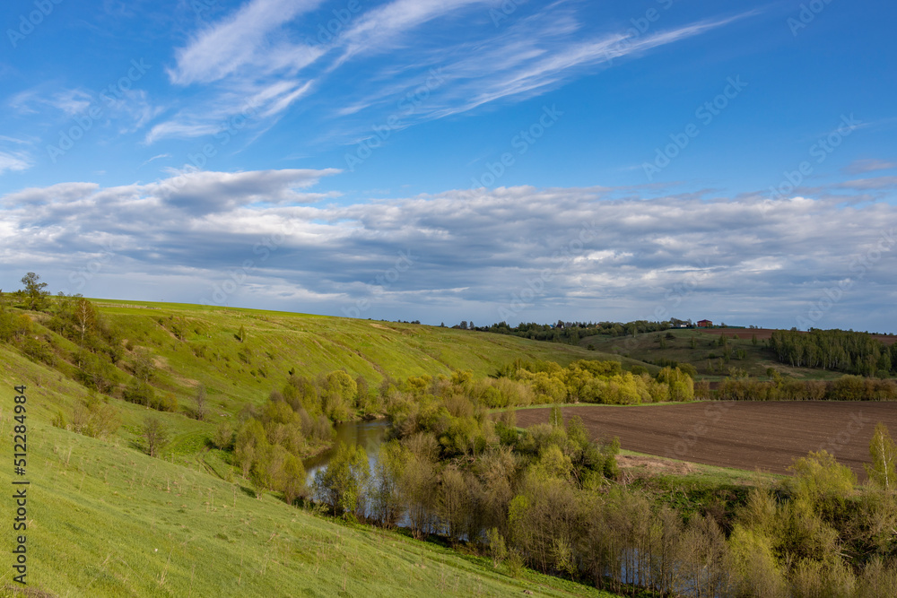 View of the countryside. bright greenery in the ravine. Saturated green grass against the blue sky. Plowed field on the horizon.