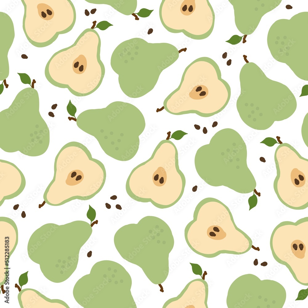 Obraz premium Seamless fruit pattern. green pears and bone. White background. vector texture. fashionable print for textiles and wallpaper.