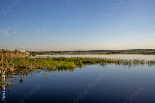 Scenic landscape with foggy river and forest on the horizon. Mystical morning landscape on the pond. Dawn over the lake.