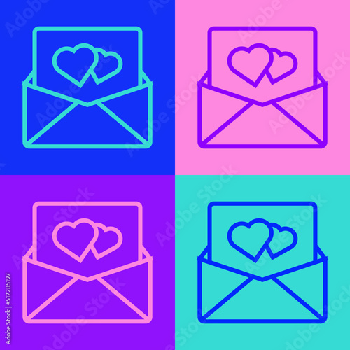 Pop art line Envelope with Valentine heart icon isolated on color background. Message love. Letter love and romance. Vector