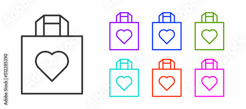 Black line Shopping bag with heart icon isolated on white background. Shopping bag shop love like heart icon. Happy Valentines day. Set icons colorful. Vector