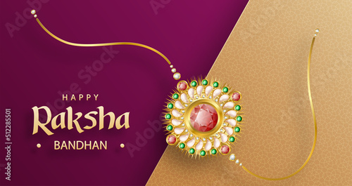 Happy Raksha Bandhan, the Indian festival, with Rakhi elements and crystal on color background