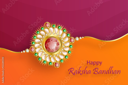 Happy Raksha Bandhan, the Indian festival, with Rakhi elements and crystal on color background