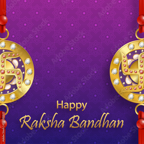 Happy Raksha Bandhan, the Indian festival, with Rakhi elements and crystal on color background