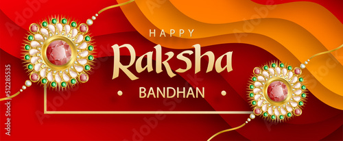 Happy Raksha Bandhan, the Indian festival, with Rakhi elements and crystal on color background