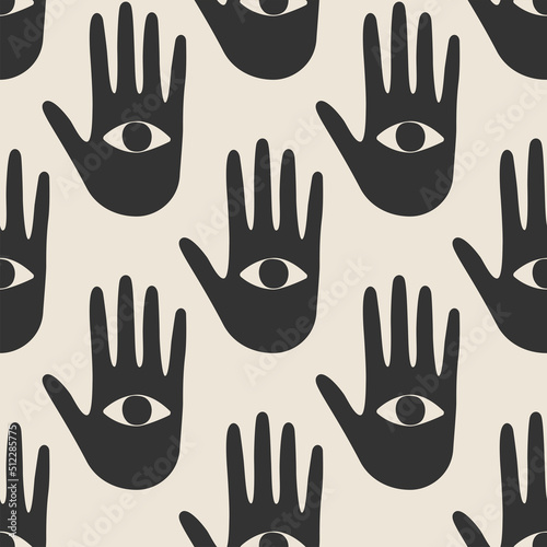 Trendy seamless pattern with hand drawn all seeing eye with hand