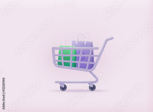 Shopping cart with tack of shopping bags on it. 3D Web Vector Illustrations.