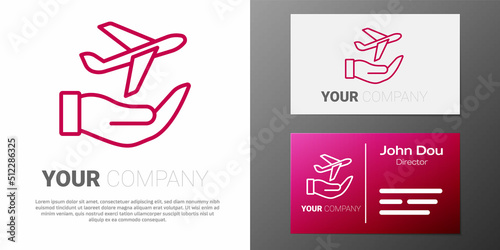 Logotype line Plane in hand icon isolated on white background. Flying airplane. Airliner insurance. Security, safety, protection, protect concept. Logo design template element. Vector