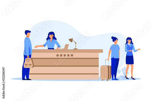 Friendly receptionists from hotel registration desk help client vector illustration. People waiting in queue for consultation. Concierge talking with traveler concept for presentation slides. 