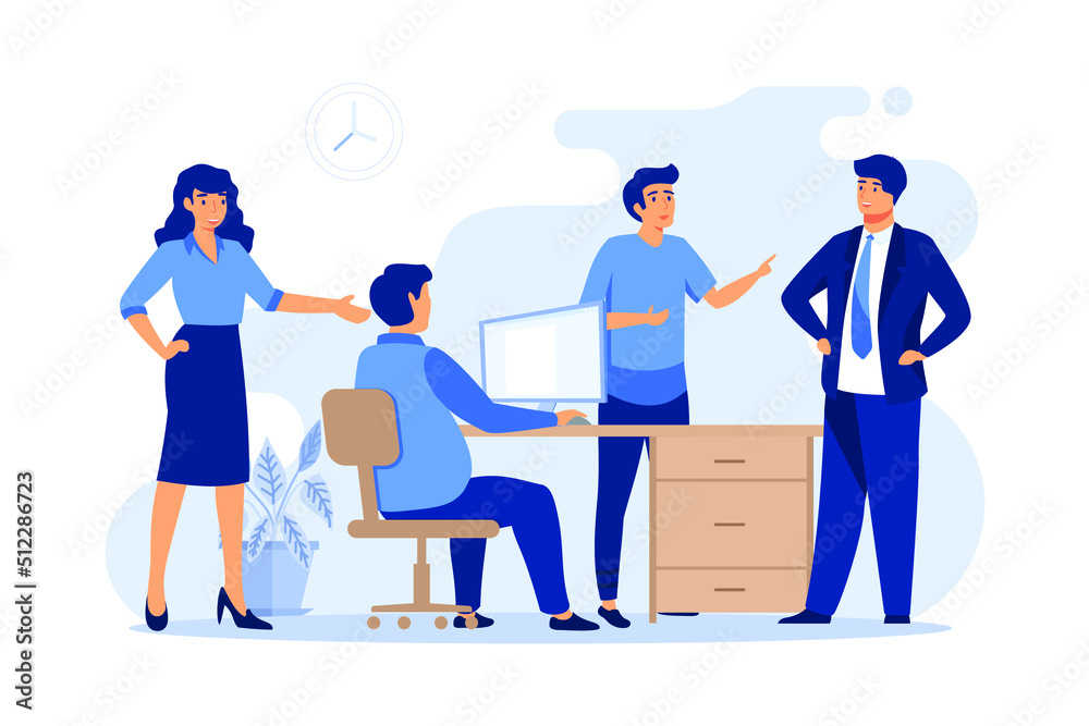 Business team discussing project. Employees arguing with boss vector illustration. Corporate communication concept. flat design modern illustration Business team discussing project. Employees arguing with boss vector illustration. Corporate communication concept. flat design modern illustration