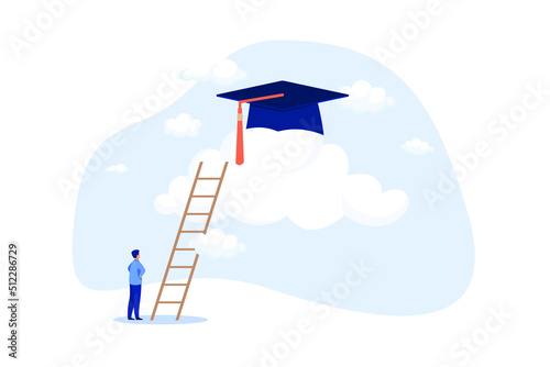 High education, cost and expense to graduate high degree education concept, graduation cap on high cloud with ladder. flat design modern illustration