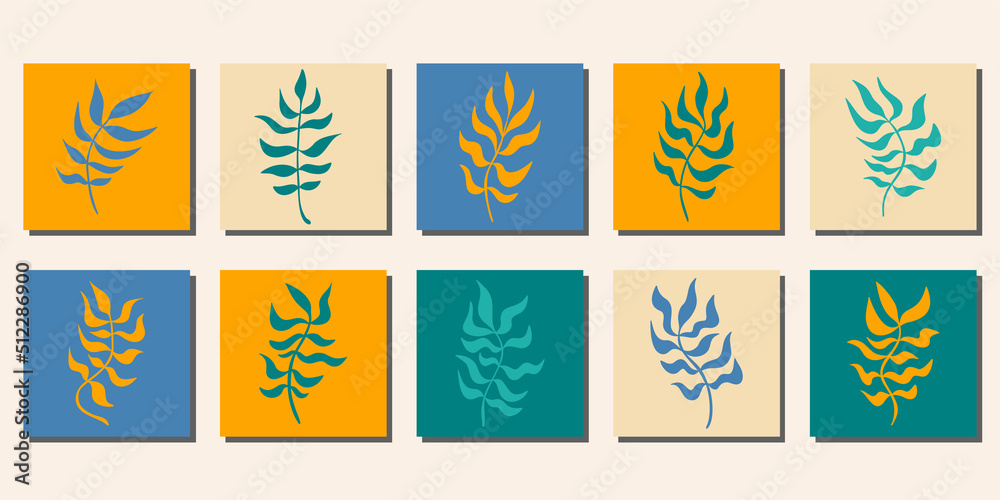 Abstract wavy leaves minimalistic square posters collection. Hand drawn tree brunches, organic sea grass. Eco green living room interior concept. Curved natural shapes icons vector illustration Abstract wavy leaves minimalistic square posters collection. Hand drawn tree brunches, organic sea grass. Eco green living room interior concept. Curved natural shapes icons vector illustration