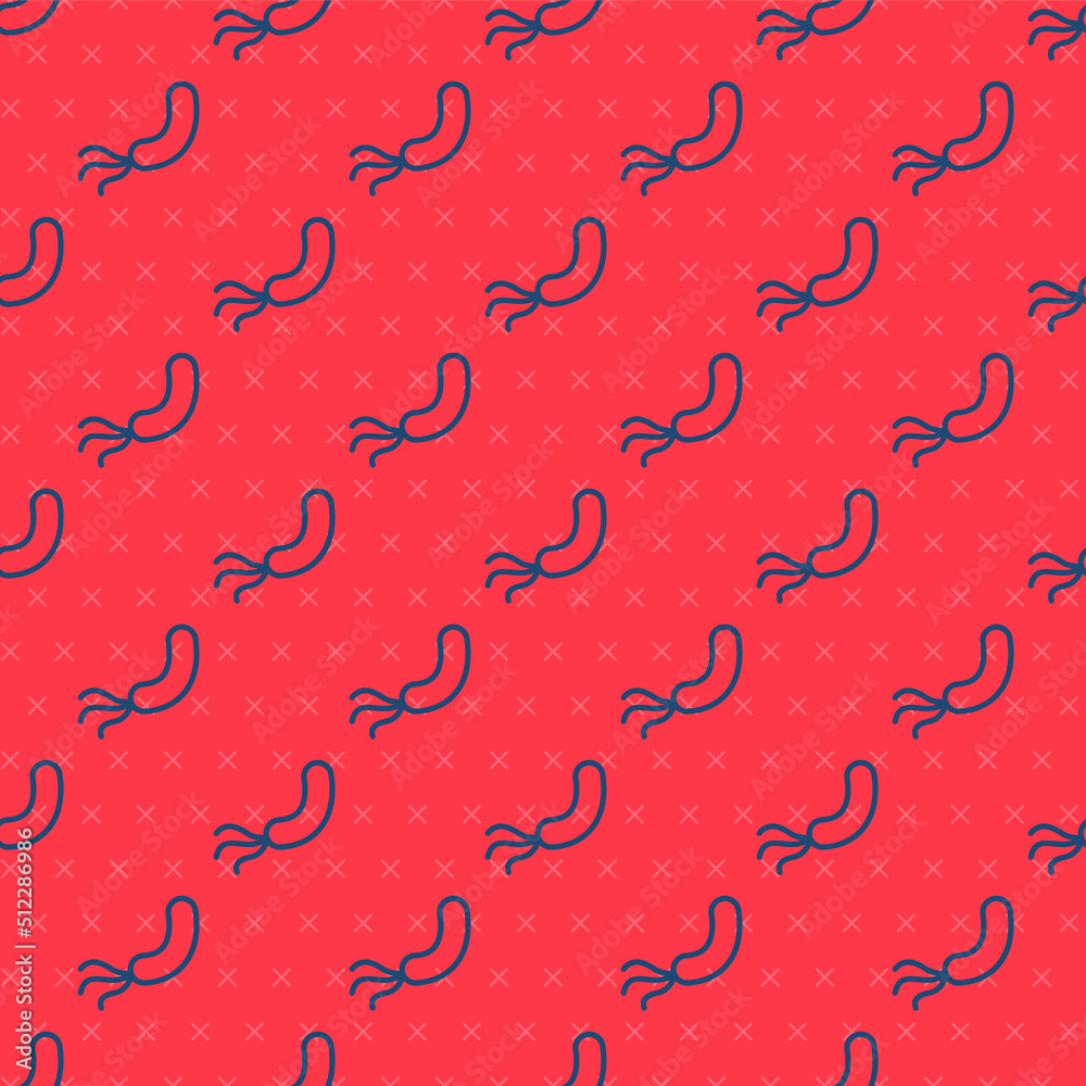 Blue line Bacteria icon isolated seamless pattern on red background. Bacteria and germs, microorganism disease causing, cell cancer, microbe, virus, fungi. Vector Blue line Bacteria icon isolated seamless pattern on red background. Bacteria and germs, microorganism disease causing, cell cancer, microbe, virus, fungi. Vector