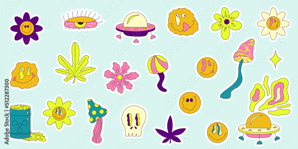 Trippy smile sticker set in pop art y2k style on colorful background. Yellow emoji. Cartoon vector illustration. Hipster trippy smile, flower, ufo nd cannabis sticker. Trippy smile sticker set in pop art y2k style on colorful background. Yellow emoji. Cartoon vector illustration. Hipster trippy smile, flower, ufo nd cannabis sticker.