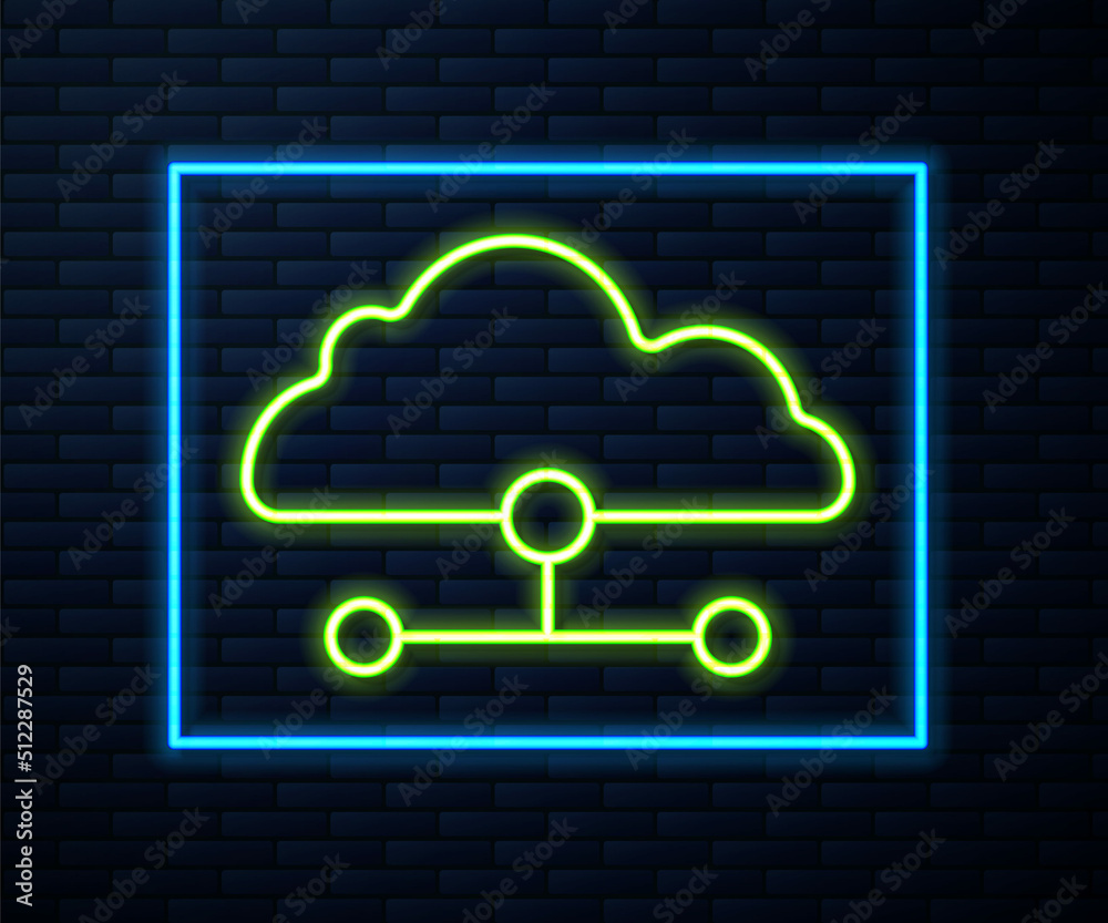 Glowing neon line Network cloud connection icon isolated on brick wall background. Social technology. Cloud computing concept. Vector Glowing neon line Network cloud connection icon isolated on brick wall background. Social technology. Cloud computing concept. Vector