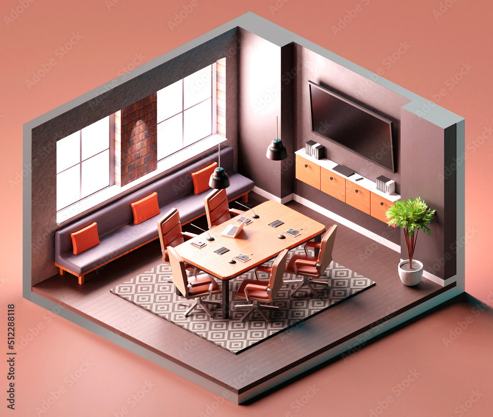 Meeting room interior with laptop isometric composition. 3D illustration