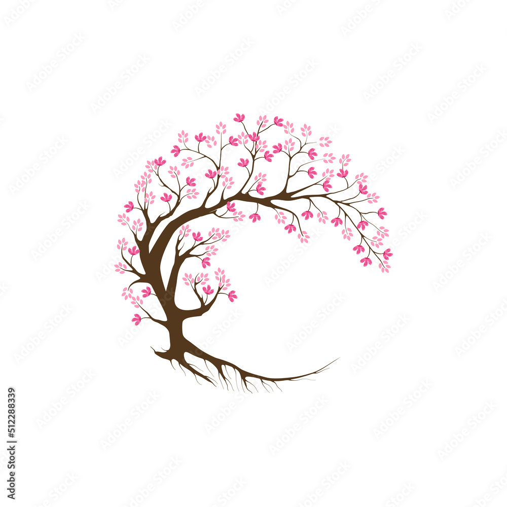 Realistic pink blossoming spring japanese sakura cherry tree vector illustration