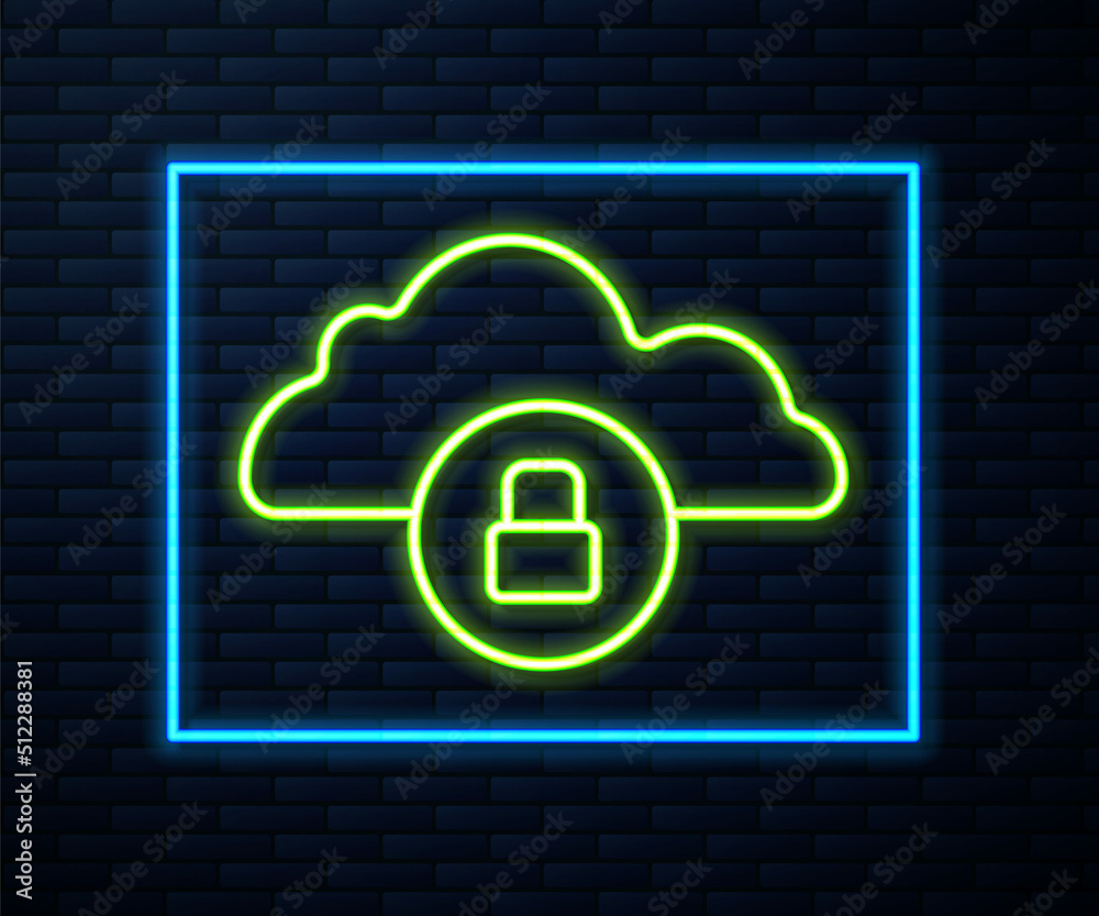 Glowing neon line Cloud computing lock icon isolated on brick wall background. Security, safety, protection concept. Protection of personal data. Vector Glowing neon line Cloud computing lock icon isolated on brick wall background. Security, safety, protection concept. Protection of personal data. Vector