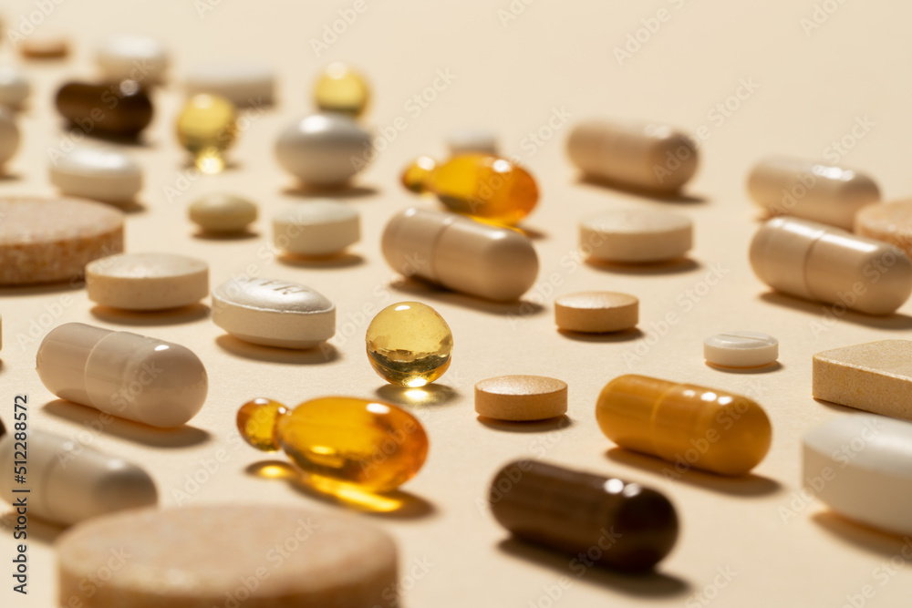 A close up image of medication pills arranged A close up image of medication pills arranged