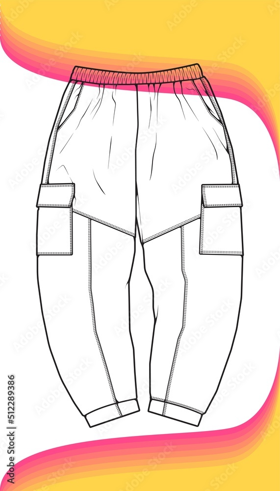 Men Cargo Pants outline Vector Template, Men Cargo Pants in a sketch