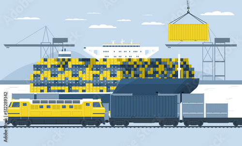 Loading containers on a freight train in the port from a container ship. Vector illustration.