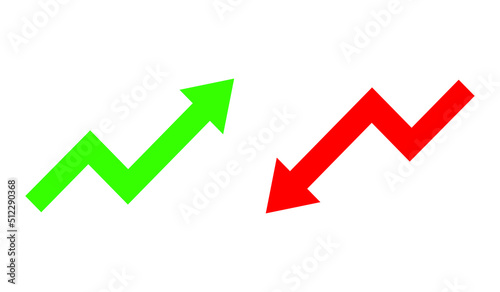 Up and Down sign with green and red arrows vector. Design vector illustration concept of sales bar chart symbol icon with arrow moving down and sales bar chart with arrow moving up.	