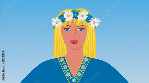 Swedish beautiful woman portrait with traditional wearings for midsummer, in Sweden called Midsommar or Midsommarafton. Classic Swedish embroidery. Vector illustration.