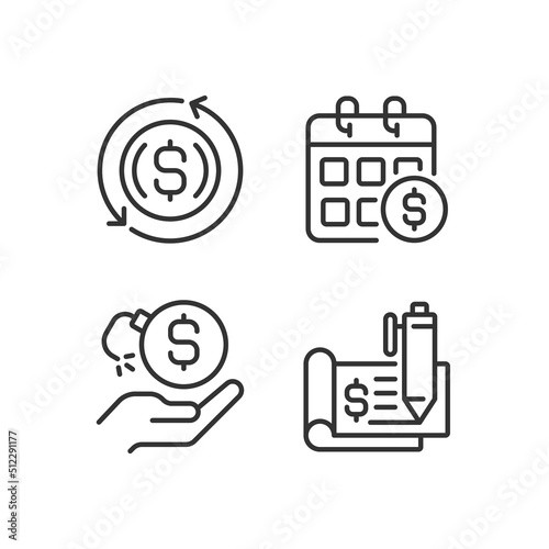Transactions and payments pixel perfect linear icons set. Monthly income. Financial risk. Chequebook. Customizable thin line symbols. Isolated vector outline illustrations. Editable stroke