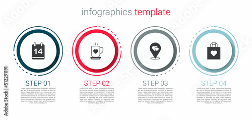 Set Calendar with February 14, Coffee cup and heart, Location and Shopping bag. Business infographic template. Vector