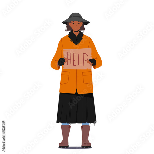 Homeless Woman Holding Banner Need Help, Bum in Ragged Clothes Begging Money, Unemployed Character in Trouble