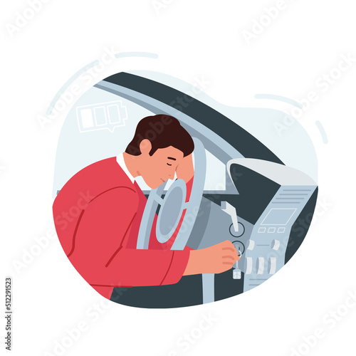 Tired Man Sleeping at Wheel Inside of Car. Sleepy Male Dozing While Driving as a Result of Insomnia and Lack of Sleep